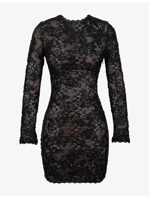House of CB Aurielle Open-Back Floral-Lace Mini Dress
