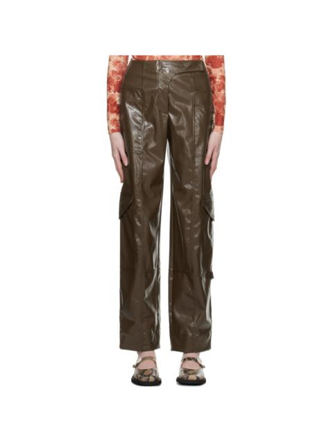GANNI Brown Patent Faux-Leather Trousers