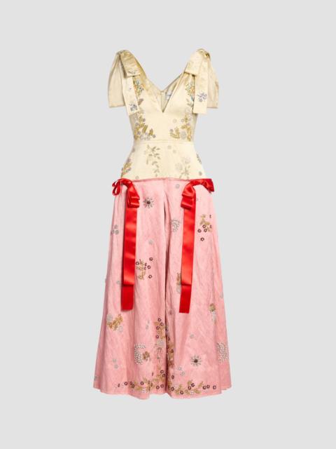 Erdem EMBROIDERED TEXTURED SATIN SHORT SLEEVE MIDI DRESS