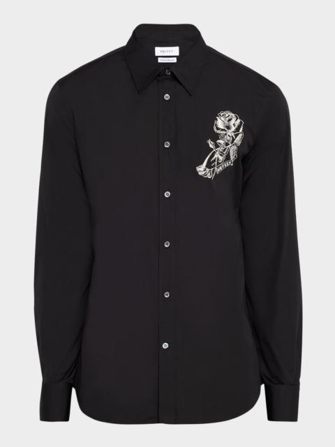 Alexander McQueen Men's Poplin Rose-Embroidered Dress Shirt