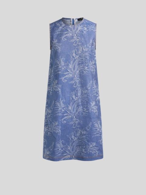 Etro COTTON AND LINEN JACQUARD DENIM MINI DRESS WITH LEAFY PAISLEY MOTIF