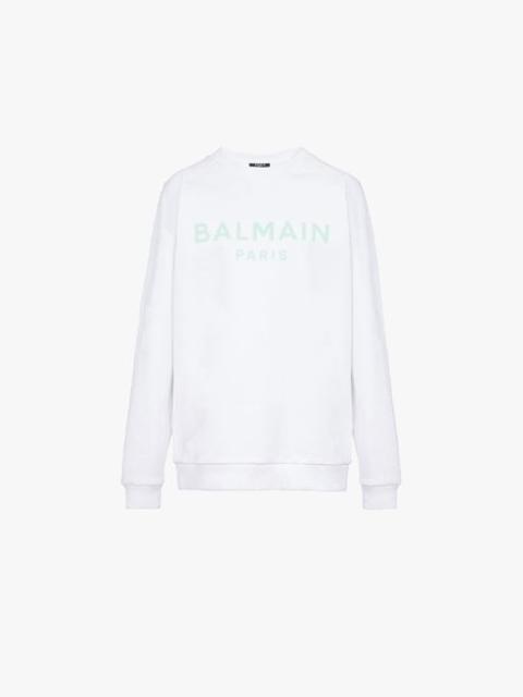 Balmain White eco-designed cotton sweatshirt with pale green Balmain logo print