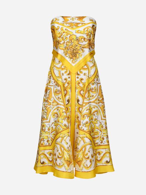 Midi dress with foulard effect in majolica-print silk charmeuse