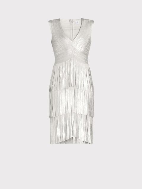 HERVE LEGER V NECK FOIL FRINGED MIDI DRESS