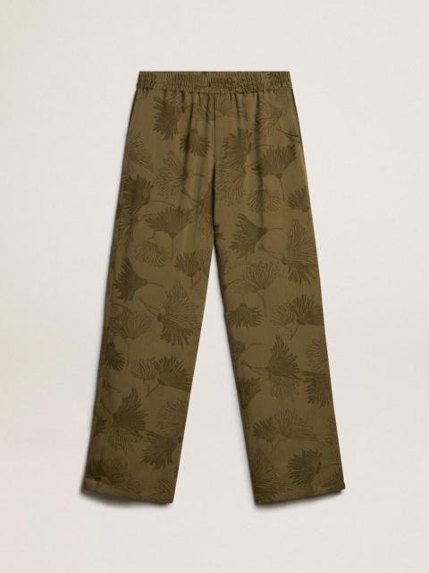 Women's olive-colored viscose-cotton blend pants with floral pattern