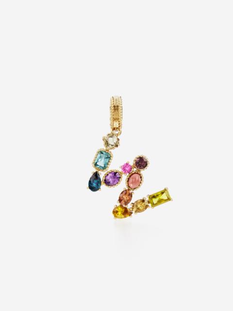 Rainbow alphabet W 18 kt yellow gold charm with multicolor fine gems