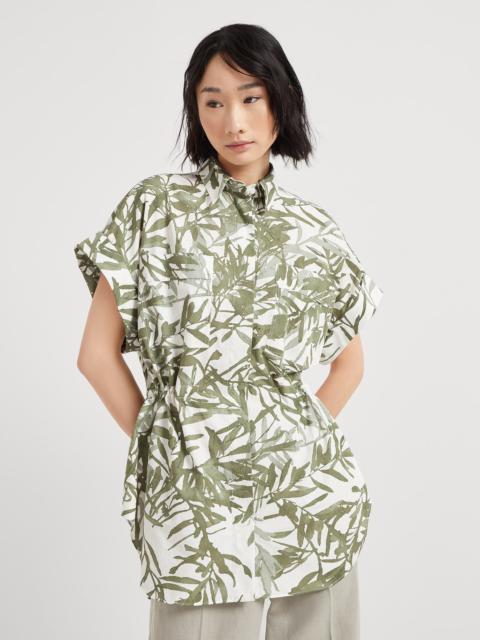 Cotton herbarium print poplin short sleeve shirt with shiny collar detail