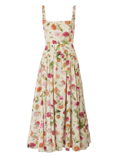CAROLINA HERRERA Women's Floral Stretch Cotton Dropped-Waist Midi-Dress - Almond Multi