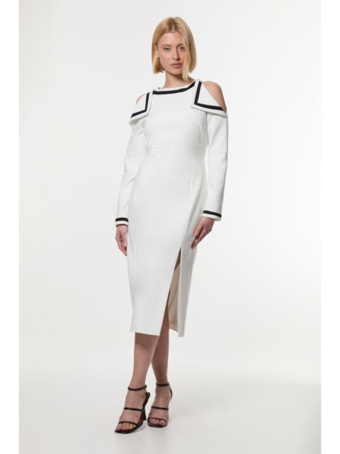KAREN MILLEN Compact Stretch Contrast Tipped Bardot Tailored Midi Dress