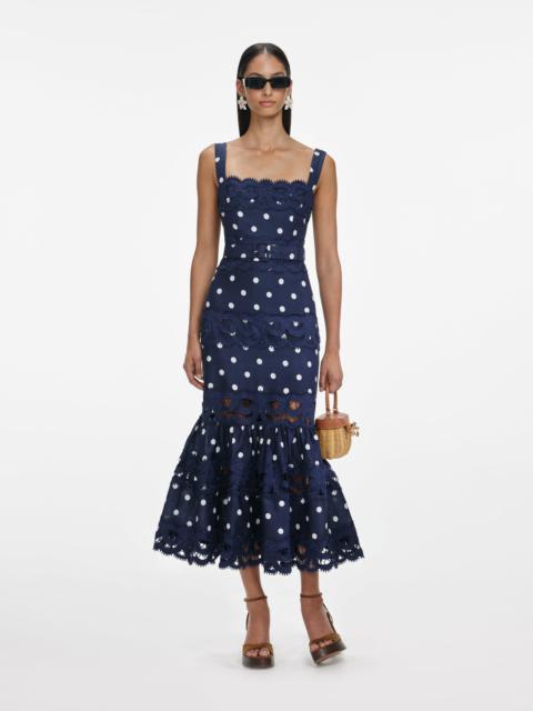 self-portrait Navy Polka Dot Linen Midi Dress