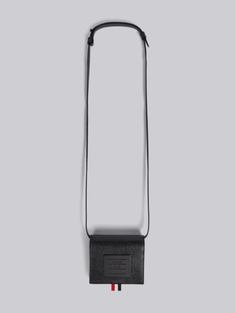 Thom Browne Black Pebble Grain Leather Tonal 4-Bar Brass Label Bifold Cardholder With Shoulder Strap