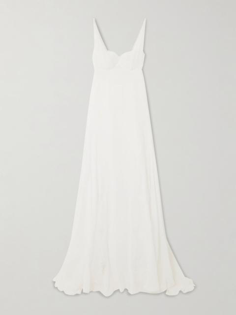 COSTARELLOS Semeli Chantilly lace-trimmed silk-georgette gown Off-white