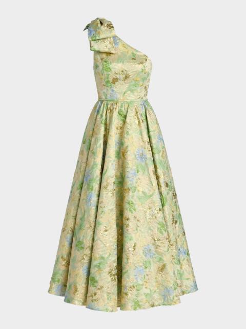 MAC DUGGAL One-Shoulder Brocade Midi Dress
