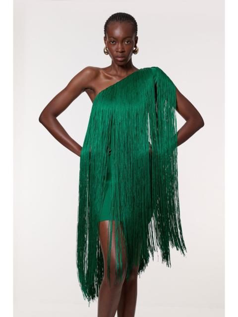 KAREN MILLEN Tall Figure Form Bandage One Shoulder Fringe Mini Knit Dress