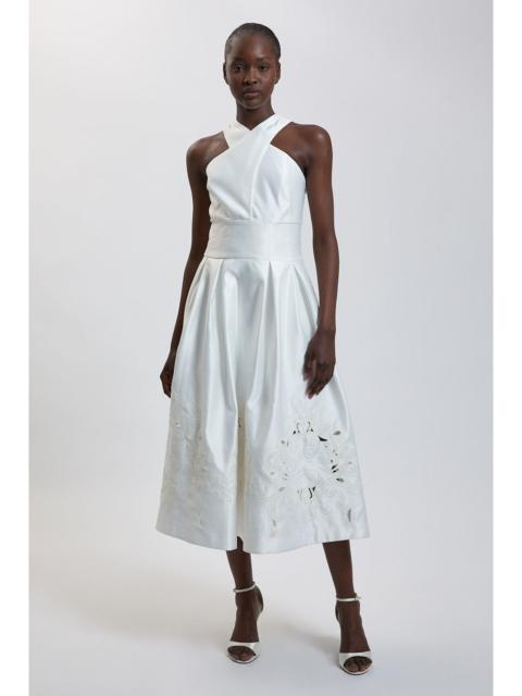 KAREN MILLEN Tailored Satin Cutwork Halter Midi Dress