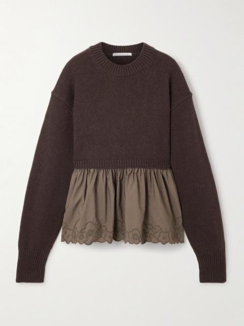 CECILIE BAHNSEN Embroidered Cashmere And Wool-blend And Shell Peplum Sweater