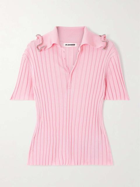 Jil Sander Bead-embellished ribbed-knit polo shirt Pink
