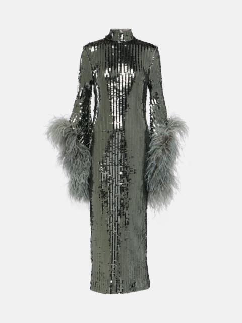 Del Rio feather-trimmed sequined midi dress