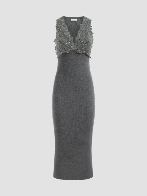 Brunello Cucinelli Women's Ribbed Wool Jersey Dress with Dazzling Lace Embroidery - Lead