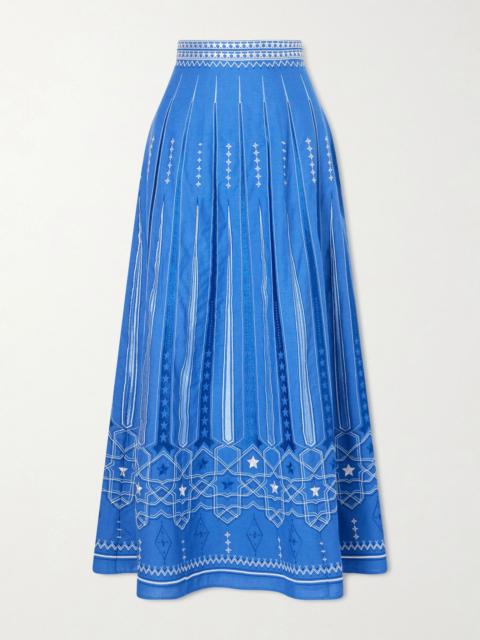 EMPORIO SIRENUSE Camille embroidered linen and cotton-blend midi skirt Blue