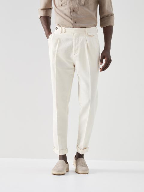 Garment-dyed leisure fit trousers in twisted linen and cotton gabardine with double pleats and draws