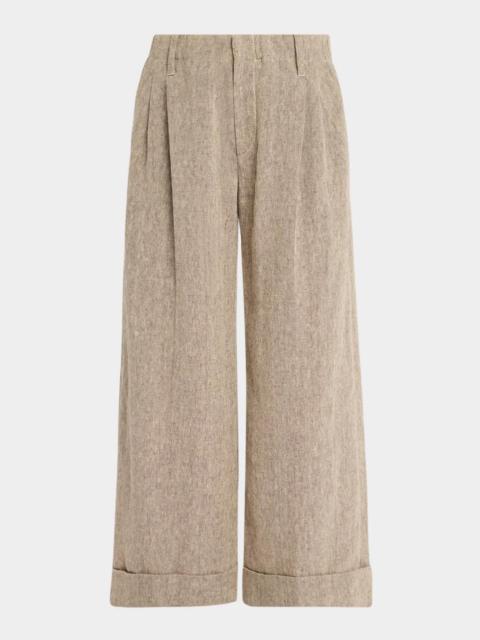 Brunello Cucinelli Rustic Linen Pleated Boxy Wide-Leg Ankle Trousers With Monili
