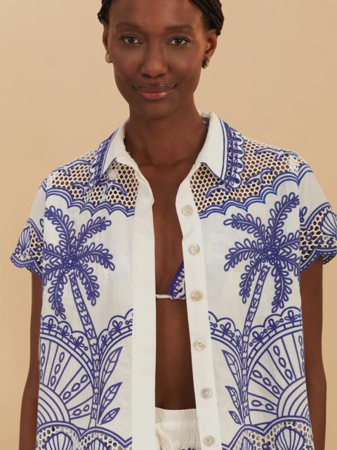 FARM RIO Blue Palm Trees Richelieu Collared Shirt