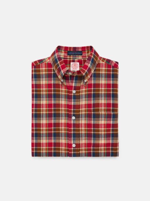 J. PRESS RED, NAVY & TAN MADRAS BUTTON DOWN SHORT SLEEVE SHIRT