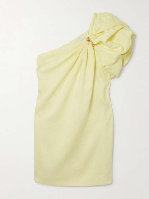Aje. Cira one-shoulder embellished draped linen-blend mini dress Pastel yellow