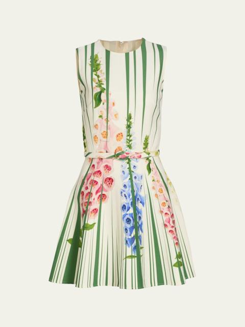 Oscar de la Renta Sleeveless Pleated Tromp L'Oeil Foxgloves Mini Dress With Belt