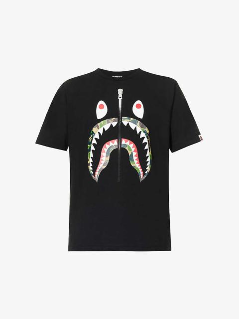 Shark-print brand-patch cotton-jersey T-shirt