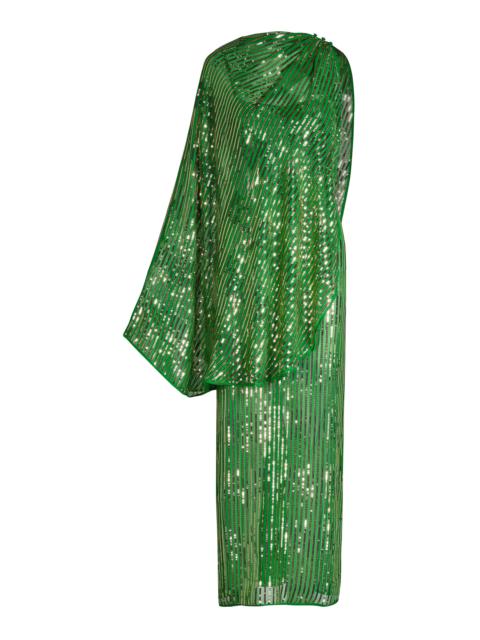 Poder Tejido Caped Sequin Silk Maxi Dress green