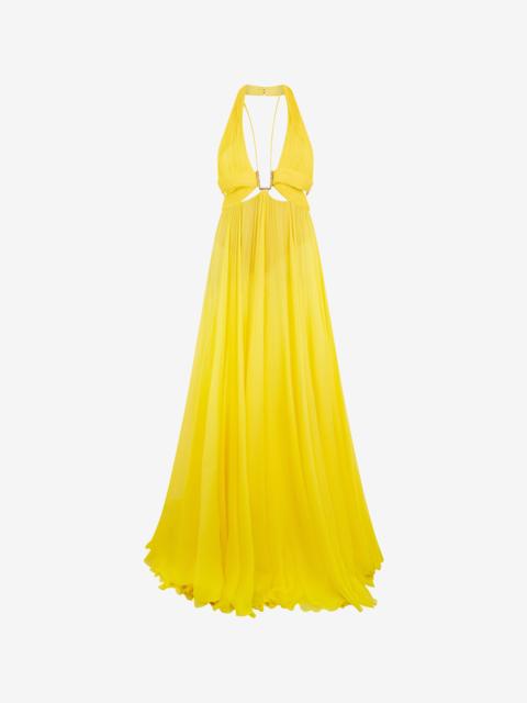 Roberto Cavalli Yellow Silk Maxi Dress with Cut-Outs