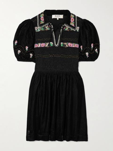 Sea Brynn Embellished Smocked Velvet Mini Dress