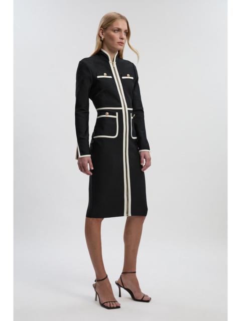 KAREN MILLEN Figure Form Bandage Knit Piping Detail Military Midi Dress