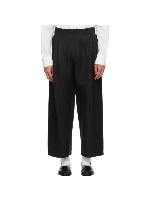 YOKE Black Linen Silk Kersey 3pleated Tapered Trousers