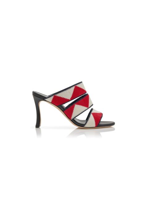 Manolo Blahnik Red and White Cotton Strap Mules