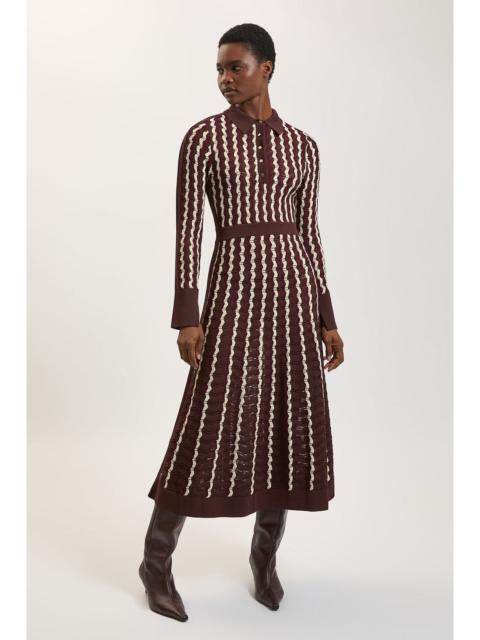 KAREN MILLEN Knit Pointelle Contrast Collared Midi Dress