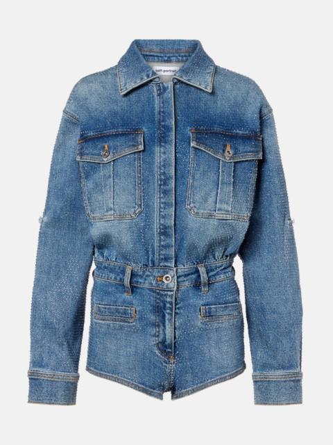 self-portrait Embellished denim romper