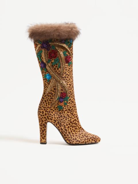 HOTTY BOOT IN PONY-EFFECT CALFSKIN WITH FLORAL EMBROIDERY AND FUR 100MM