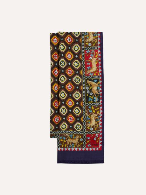 Drake's Navy and Brown Animal Border Medallion Print Wool-Silk Scarf