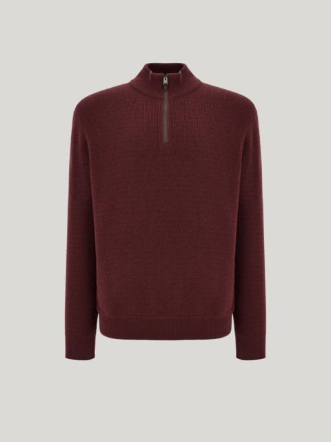 Canali BURGUNDY WOOL AND CASHMERE ZIPPERED POLO SHIRT WITH NUBUCK DETAILS