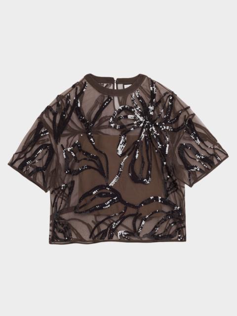 Brunello Cucinelli Sequined Floral Crispy Silk Chiffon Short-Sleeve Blouse