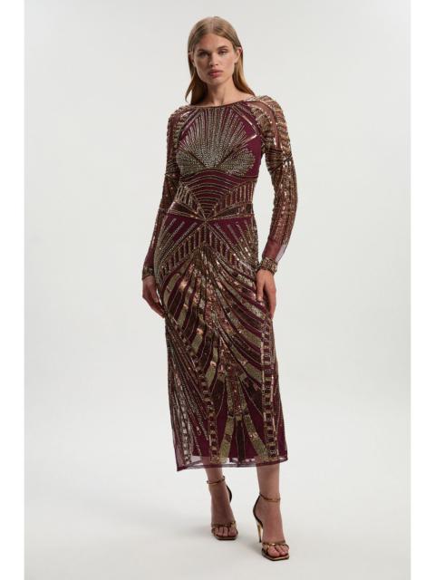 KAREN MILLEN Petite Premium Mirrored Crystal Embellished Woven Long Sleeve Column Dress