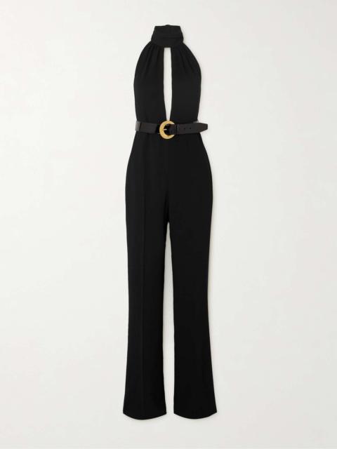 TOM FORD Leather-trimmed cutout stretch-jersey halterneck jumpsuit