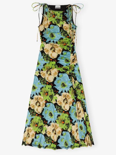 GANNI FLORAL LYCRA JERSEY GATHERED DRESS