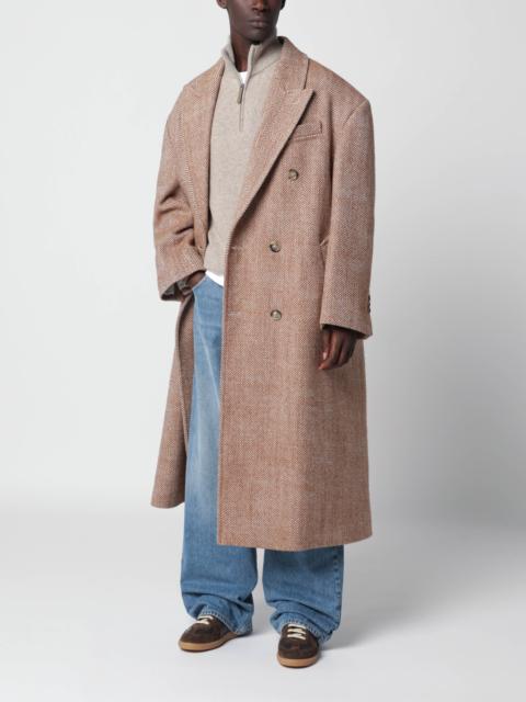 AMI Paris Long brown and ivory herringbone wool coat