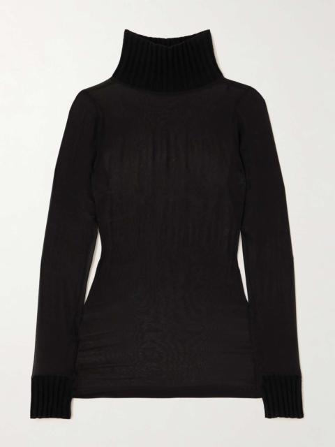 Mesh and ribbed-knit turtleneck sweater