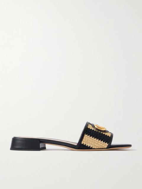 Valentino Vlogo Embellished Leather-trimmed Striped Raffia Slides