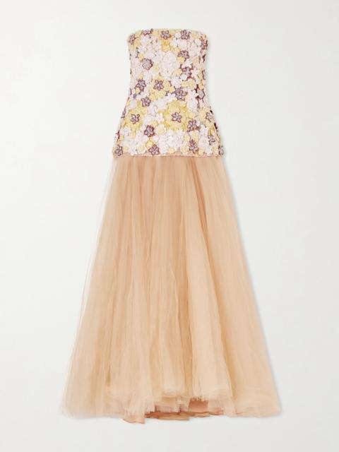 COSTARELLOS Crystal-embellished Embroidered Tulle Gown